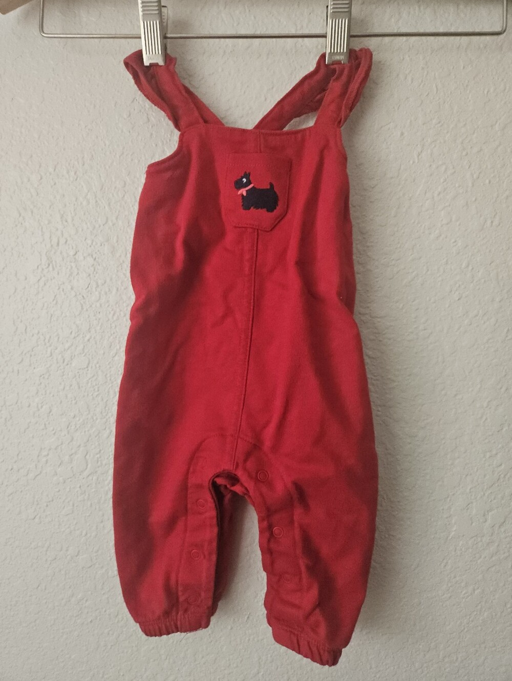 cotton dog embroidered red knit overalls, 3 months